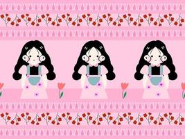 padrão perfeito de personagem de desenho animado de menina e flor em fundo rosa vetor