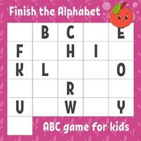 termine o alfabeto. jogo abc para crianças. planilha de desenvolvimento educacional. jogo de aprendizagem para crianças. página de atividades de cores. vetor