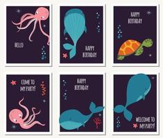 Conjunto de seis cartões com animais subaquáticos e mensagens de aniversário vetor