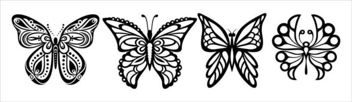 borboleta. conjunto de ícones de silhueta da coleção de butterflies.carve de primavera. borboleta de estêncil, vaga-lumes, asas de mariposa, insetos voadores isolados no fundo branco. elemento desenhado à mão para web vetor