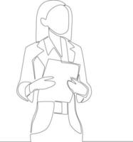 desenho de linha contínua de mulher de negócios segurando papel para trabalhar no escritório. ilustração vetorial. vetor
