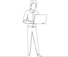 desenho de linha contínua de pessoas, jovem funcionário usa terno e poses inteligentes em pé. segure e use um laptop de computador. ilustração vetorial. vetor