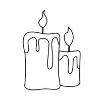 desenho em preto e branco de contorno de duas velas derretidas acesas. ilustração vetorial. página para colorir. vetor