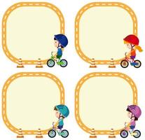 Conjunto de crianças andando de bicicleta no modelo de nota vetor