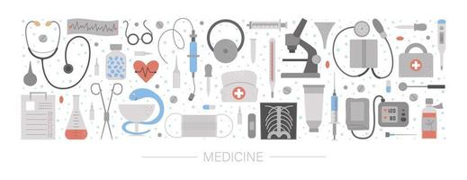 layout horizontal vetorial definido com ferramentas e equipamentos médicos. design de banner de elementos de medicina. bonito e engraçado modelo de cartão de saúde, cheque ou pesquisa. vetor