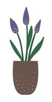 ilustração em vetor de planta em vaso com folhas verdes e flores roxas. planta de casa desenhada à mão na moda plana para design de jardinagem em casa. bela erva de primavera e verão