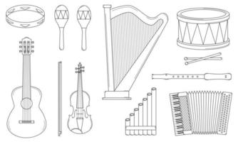 conjunto desenhado à mão de instrumentos musicais. instrumentos de corda, sopro e percussão. esboço de rabiscos. ilustração vetorial vetor