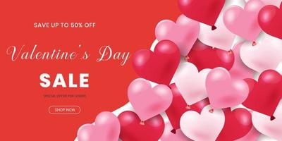 Banner de venda de dia dos namorados coração em forma de balões vermelhos, rosa e brancos vetor