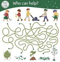 labirinto de jardim para crianças. atividade de primavera pré-escolar. jogo engraçado com crianças bonitas fazendo trabalhos de jardim. quem pode ajudar a quebra-cabeça. vetor