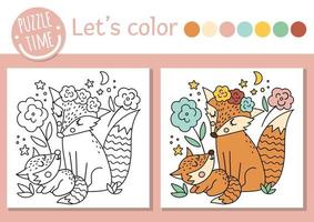 página para colorir do dia das mães para crianças com bebê raposa e mãe. ilustração de contorno vetorial mostrando o amor da família. adorável livro de cores de férias de primavera para crianças com exemplo colorido vetor