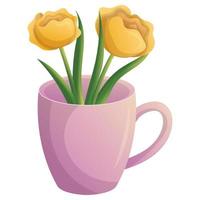 flores amarelas com folha verde no copo rosa. design de flor romântica. decoração elegante. temporada de primavera. ilustração festiva em vetor plana isolada.