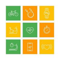 cardio, fitness, treinamento cardíaco, ícones de linha quadrada em branco, ilustração vetorial