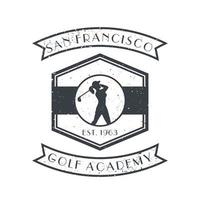 logotipo vintage da academia de golfe, emblema com golfista menina, isolado no branco, com textura grunge