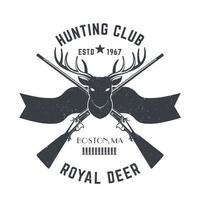 logotipo de caça, emblema vintage com cabeça de veado e dois rifles de caça, cinza em branco, ilustração vetorial vetor