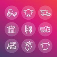 conjunto de ícones de linha de agricultura e agricultura, trator, colheitadeira, máquinas agrícolas, colheita, criação de gado, celeiro, ilustração vetorial