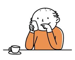 um homem idoso olha para o telefone e bebe chá. homem de ilustração isolado joga, lê, ri. vetor