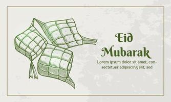 ilustração de eid mubarak com conceito de ketupat. estilo de esboço desenhado à mão vetor