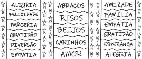 tradução - alegria, felicidade, amizade, gratidão, diversão, empatia, abraços, risos, beijos, carinhos, amor, amizade, família, empatia, gratidão, esperança, alegria. vetor