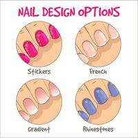 opções de design de unhas. manicure francesa, decoração de strass, coloração gradiente, adesivos de unhas ou controles deslizantes. vetor