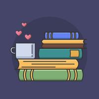 ícone de linha colorida de pilha de livros e xícara de chá ou café com símbolos do coração. vetor