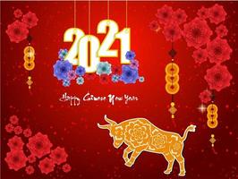 cartaz de ano novo chinês vermelho brilhante 2021 com boi e flores vetor