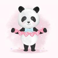 panda desenhada de mão segurando corações com texto de amor vetor