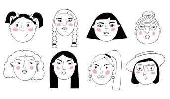conjunto de vetores de retratos de pessoas. personagens femininas minimalistas engraçadas dos desenhos animados de diferentes idades. desenhos de rostos femininos com diferentes emoções e humores. avatar para redes sociais