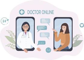 consulta médica e cuidados on-line. uma pessoa fala com um médico em um telefone celular, usando chamadas de vídeo e mensagens de mensageiro. telemedicina, comunicação remota entre o paciente e o médico vetor