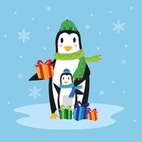 pinguim mamãe fofa com fundo de presente e flocos de neve vetor