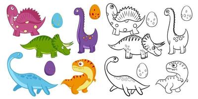 conjunto de dinossauros de desenhos animados para colorir. ilustração em vetor preto e branco. jogo educativo infantil. estilo cartoon plana.