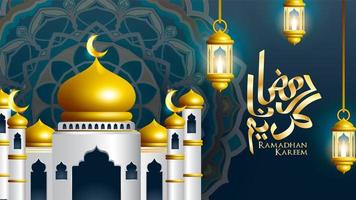 caligrafia de ramadan kareem com mesquita e lanternas vetor