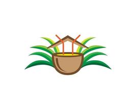 logotipo de férias da natureza apresentando bebida de coco, ícone da casa, planta natural para turismo. vetor