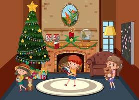 crianças comemorando o natal em casa vetor