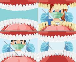 conjunto de dentista segurando instrumentos examinando os dentes do paciente dentro da boca humana vetor
