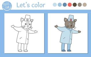 página médica para colorir para crianças. médico de animais de contorno vetorial. personagem de gato engraçado bonito. livro de cores do hospital isolado no fundo branco. vetor