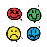 conjunto de quatro emoticons de graffiti com emoções diferentes. rostos sorridentes pintados com tinta spray. ilustração vetorial texturizada mão desenhada isolada no fundo branco vetor