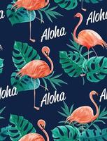 padrão em aquarela de flamingos, folhas e aloha texto vetor