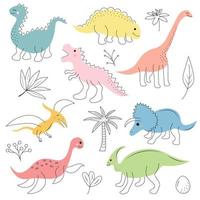 dinossauros fofos e conjunto de doodle de plantas tropicais. Dinos engraçados desenhados à mão. vetor