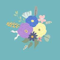desabrochando flores silvestres, folhas e frutos. composição floral botânica de plantas florescidas do prado. ilustração em vetor plana colorida de belas flores silvestres.