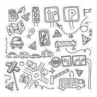 conjunto de doodle de tráfego. organização do transporte nos elementos da cidade. sinais de trânsito rodoviário. vetor