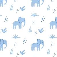 padrão infantil com elefante fofo. padrão desenhado com elefante azul e plantas. ilustração vetorial. vetor