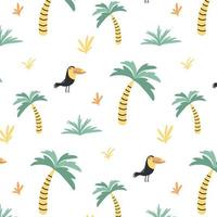 padrão infantil sem costura com tucanos bonitos e palmeiras. padrão exótico. padrão desenhado à mão com selva. ilustração vetorial. vetor