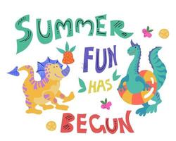 dinossauros fofos ou dragões na praia ou piscina com ilustração vetorial de slogan de verão. modelo de cartaz ou banner para ilustrar a diversão de verão. vetor