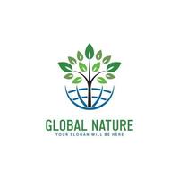 vetor de logotipo de natureza global, vetor de globo e ícone de design plano de eco de folha.