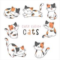grupo de ilustração de desenho de gatinho fofo e brincalhão, vetor de gatos tricolor