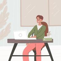 um homem está trabalhando em um laptop. freelancer trabalha. estilo de desenho à mão vetor