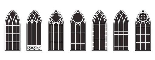 conjunto de contorno do windows gótico. silhueta de quadros de igreja de vitrais vintage. elemento da arquitetura tradicional europeia. ilustração vetorial vetor