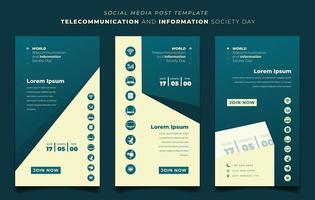 conjunto de modelo de mídia social com fundo amarelo verde para o dia da informação e telecomunicações vetor