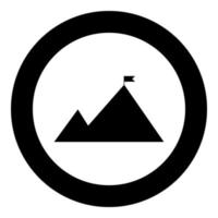 montanhas com uma bandeira no topo do ícone de cor preta em círculo ou redondo vetor