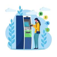 terminal do banco atm. cliente mulher em pé perto da máquina leitora de cartão de crédito e sacar dinheiro. desenho de desenho vetorial